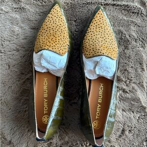 Tory Burch Gold and Green Loafers